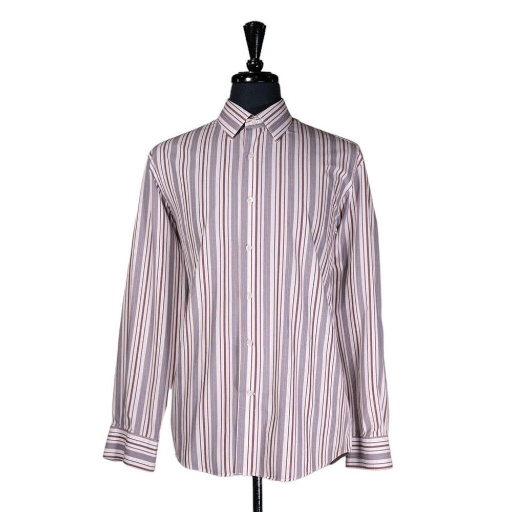 Hugo Boss Mens Shirt Button Up Brown White Blue Striped Cotton Slim Fit 3XL